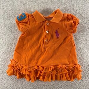 Ralph Lauren A line Dress Girl 3M Orange Cotton Pony Logo Ruffle Hem Puff Sleeve